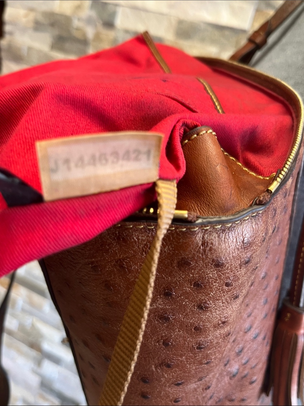 Dooney & Bourke Brown Ostrich-Embossed Leather Tote with Tassel - Picture 14 of 16